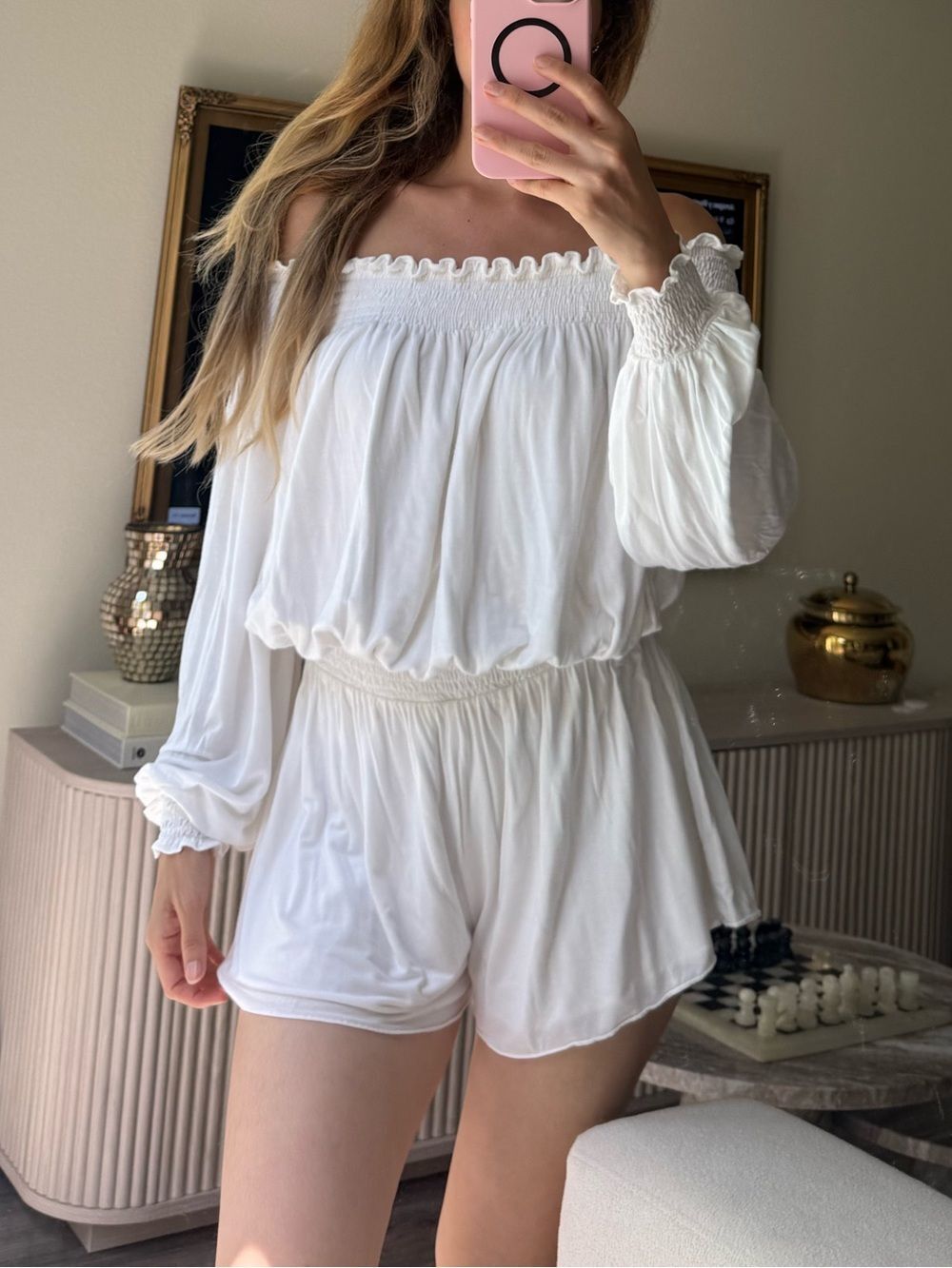 Lovers and Friends White Off Shoulder Romper Smocked Coquette Resort M